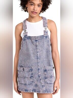 We The Free By Free People Acid Wash Denim Overall Dress in Light Blue